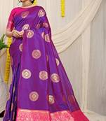 Purple silk blend saree with rani pink zari border and circular motifs