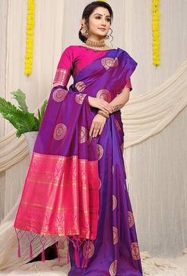 Purple silk blend saree with rani pink zari border and circular motifs 2