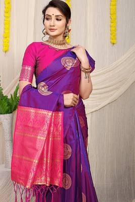 Purple silk blend saree with rani pink zari border and circular motifs 3