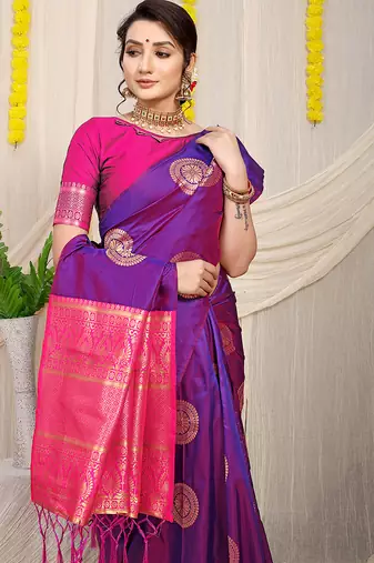Purple silk blend saree with rani pink zari border and circular motifs