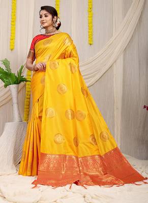Mustard yellow silk blend saree with red zari border and circular motifs 1