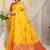Mustard yellow silk blend saree with red zari border and circular motifs
