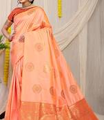 Light peach silk blend saree with rust orange zari border and circular motifs