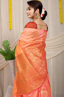 Light peach silk blend saree with rust orange zari border and circular motifs 3