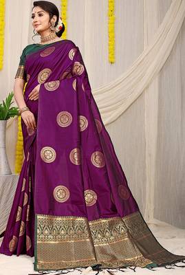 Wine purple silk blend saree with bottle green zari border and circular motifs 1