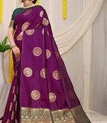 Wine purple silk blend saree with bottle green zari border and circular motifs