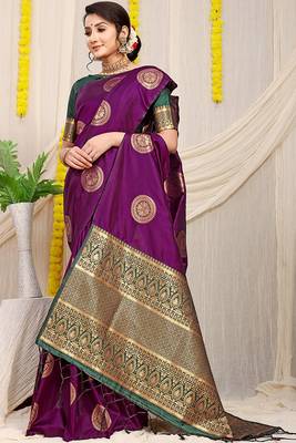 Wine purple silk blend saree with bottle green zari border and circular motifs 2