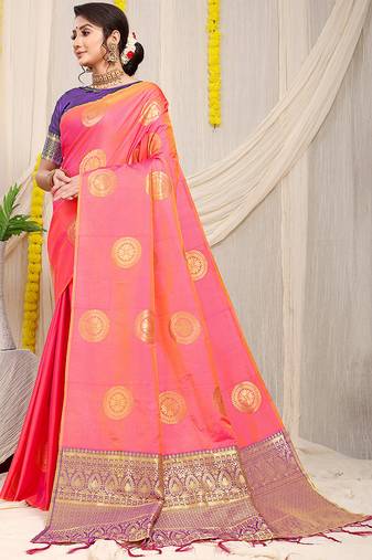 Pink silk blend saree with purple zari border and circular motifs