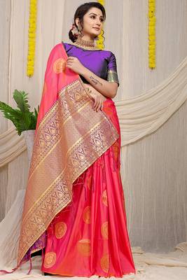 Pink silk blend saree with purple zari border and circular motifs 2