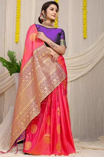 Pink silk blend saree with purple zari border and circular motifs