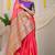 Pink silk blend saree with purple zari border and circular motifs