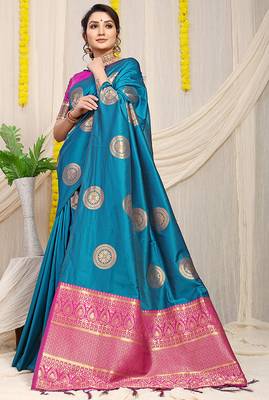 Teal blue silk blend saree with magenta pink zari border and circular motifs 2
