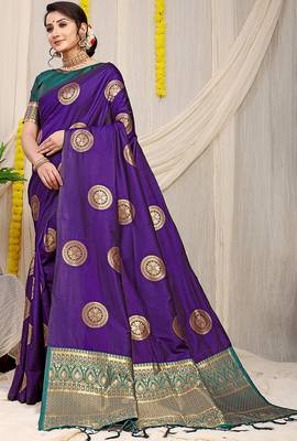 Purple silk blend saree with teal zari border and circular motifs 1