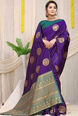 Purple silk blend saree with teal zari border and circular motifs 2
