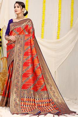 Red & orange patola silk blend saree with royal blue  zari border 1