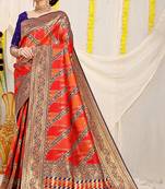 Red & orange patola silk blend saree with royal blue  zari border