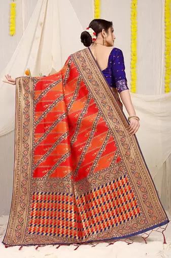 Red & orange patola silk blend saree with royal blue  zari border