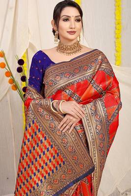 Red & orange patola silk blend saree with royal blue  zari border 3