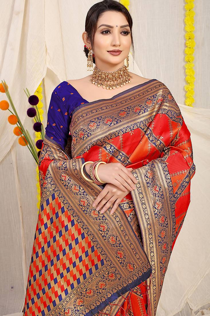 Red & orange patola silk blend saree with royal blue  zari border