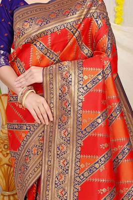 Red & orange patola silk blend saree with royal blue  zari border 4