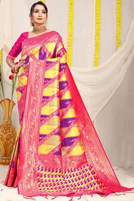 Yellow & purple patola silk blend saree with rani pink zari border 1