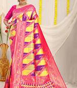 Yellow & purple patola silk blend saree with rani pink zari border