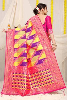 Yellow & purple patola silk blend saree with rani pink zari border 2