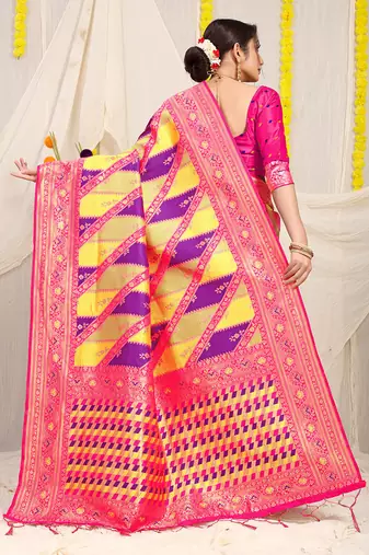 Yellow & purple patola silk blend saree with rani pink zari border