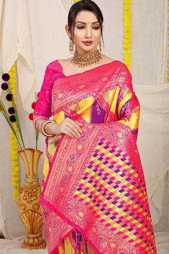 Yellow & purple patola silk blend saree with rani pink zari border
