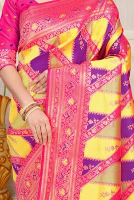 Yellow & purple patola silk blend saree with rani pink zari border 4