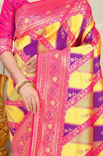 Yellow & purple patola silk blend saree with rani pink zari border