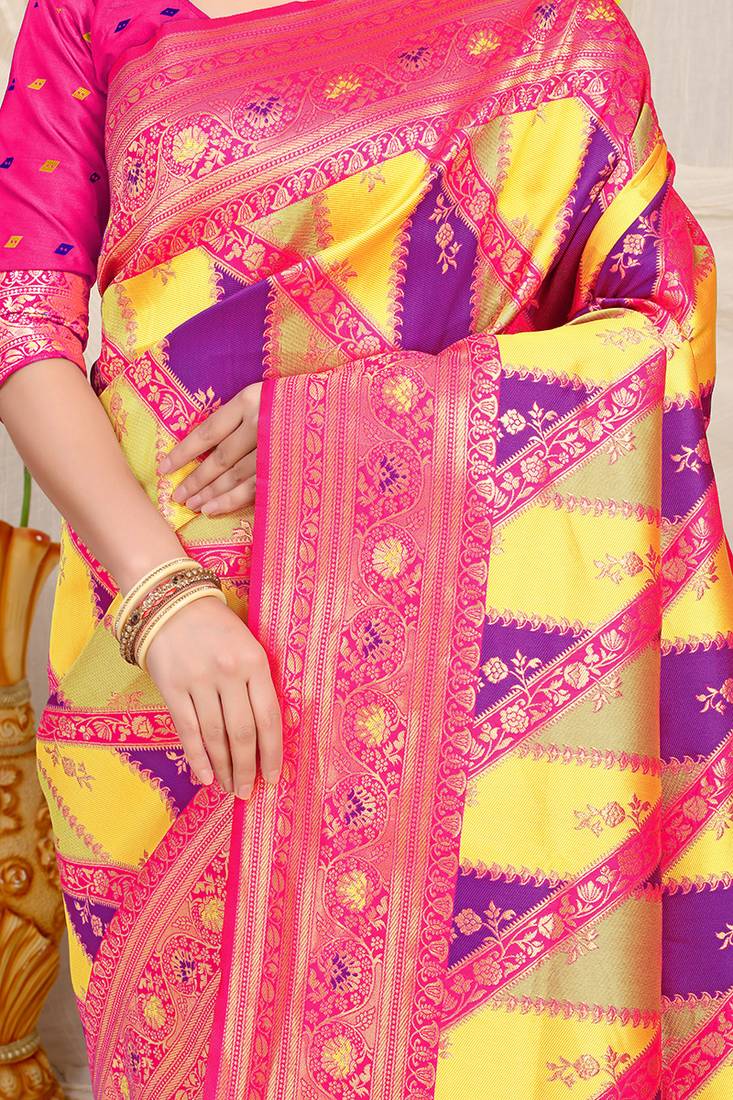 Yellow & purple patola silk blend saree with rani pink zari border