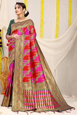 Rani pink & red patola silk blend saree with dark green zari border 1