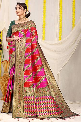 Rani pink & red patola silk blend saree with dark green zari border