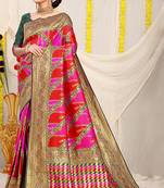 Rani pink & red patola silk blend saree with dark green zari border