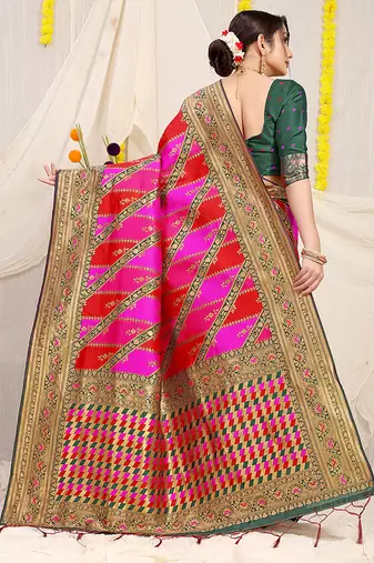 Rani pink & red patola silk blend saree with dark green zari border