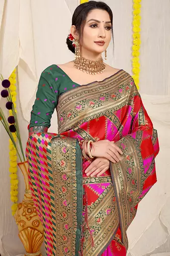 Rani pink & red patola silk blend saree with dark green zari border