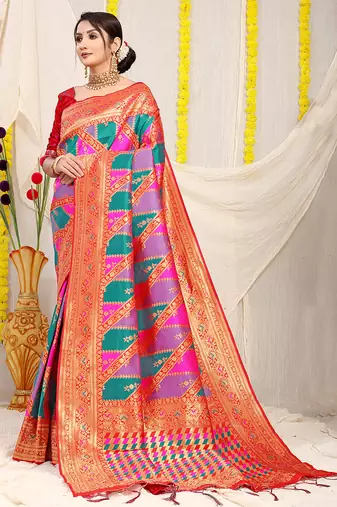 Multicolor patola silk blend saree with red zari border