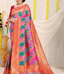 Multicolor patola silk blend saree with red zari border