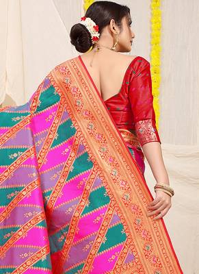 Multicolor patola silk blend saree with red zari border 2