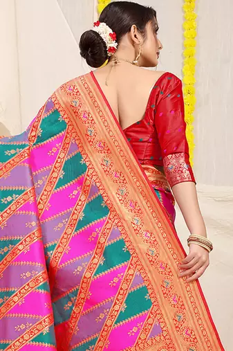 Multicolor patola silk blend saree with red zari border