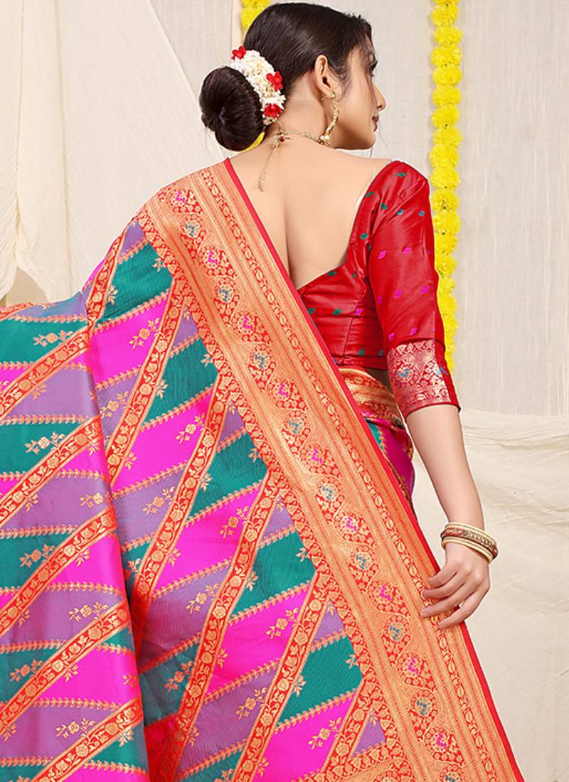 Multicolor patola silk blend saree with red zari border
