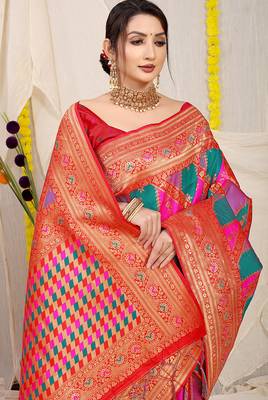 Multicolor patola silk blend saree with red zari border 3