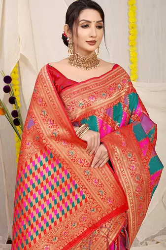 Multicolor patola silk blend saree with red zari border