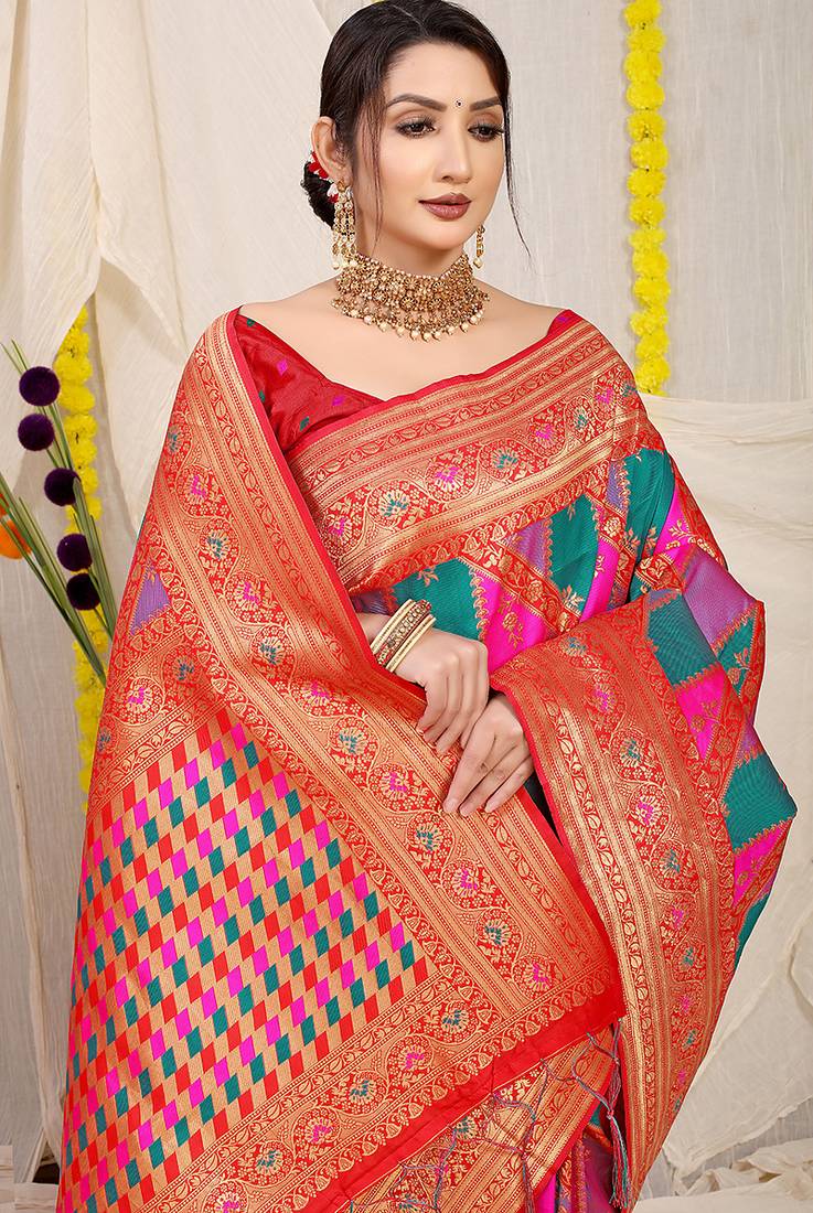 Multicolor patola silk blend saree with red zari border