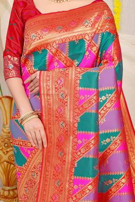 Multicolor patola silk blend saree with red zari border 4