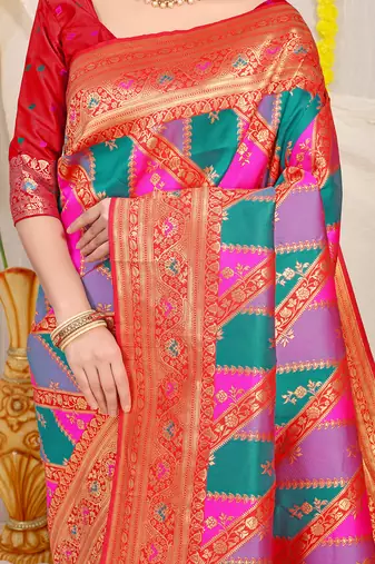 Multicolor patola silk blend saree with red zari border