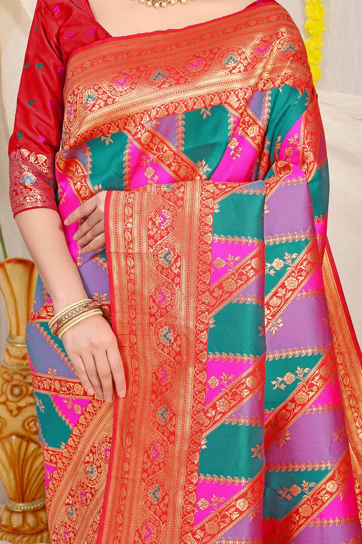 Multicolor patola silk blend saree with red zari border