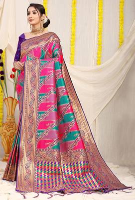 Multicolor patola silk blend saree with purple zari border 1