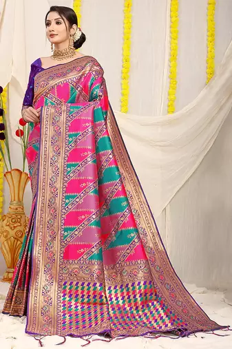 Multicolor patola silk blend saree with purple zari border